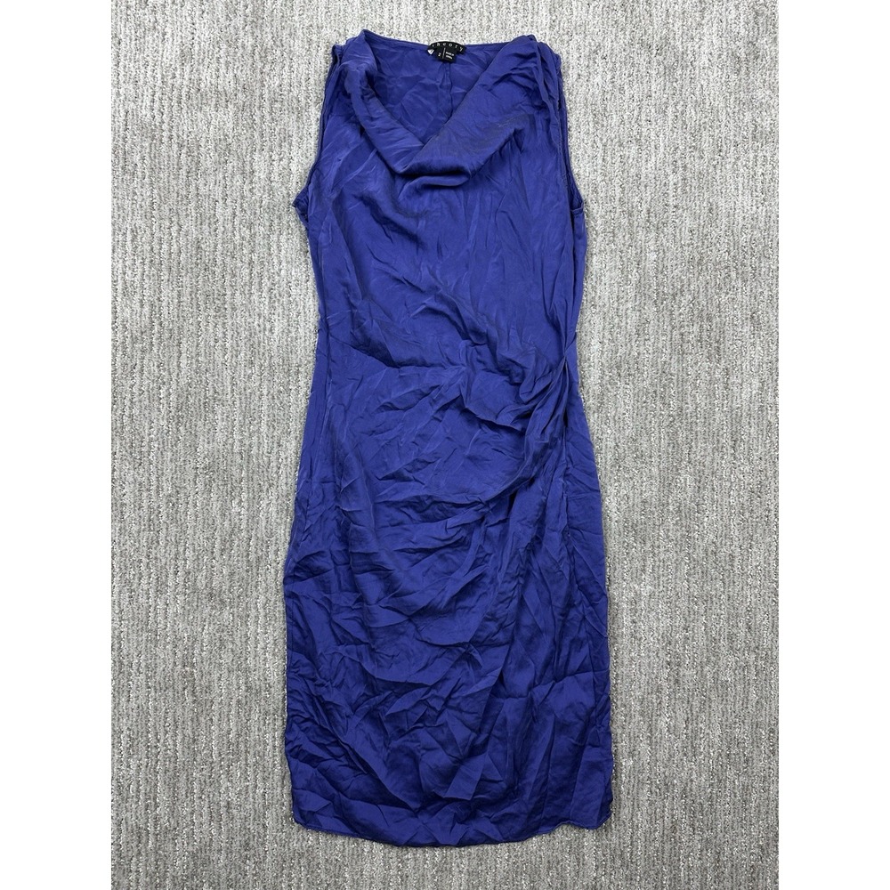 Theory 100% SILK Cowl Neck Playara drape purple midi dress ruched drape Sz 2